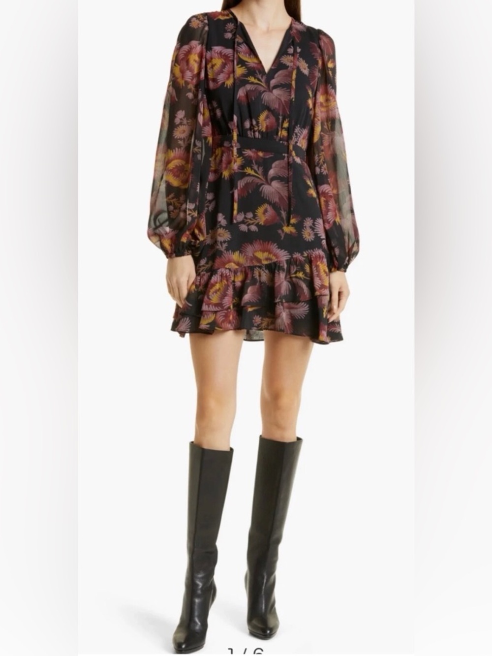 Ted Baker Piara Ruffle Asymmetric Mini Dress Ted Size 4 = 10 Floral Long Sleeve